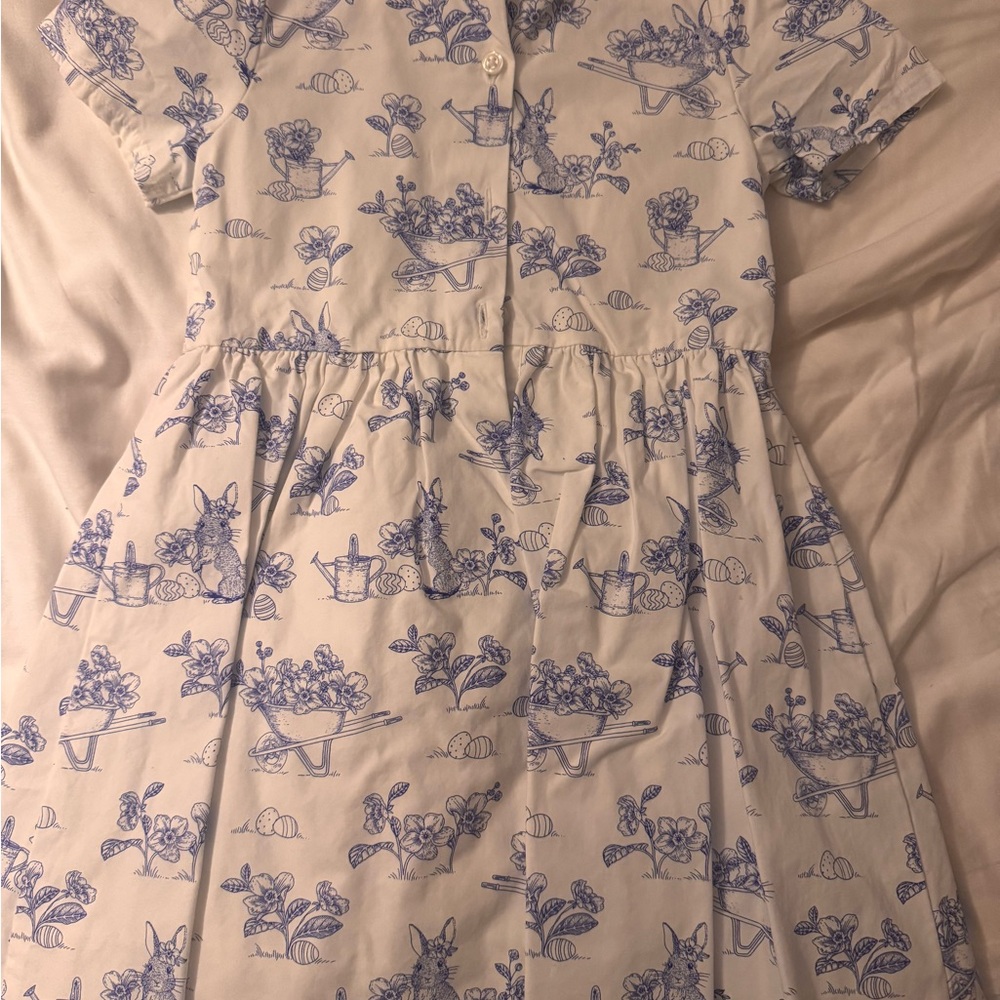 Blue Toile Garden Print Button-Front Cotton Dress